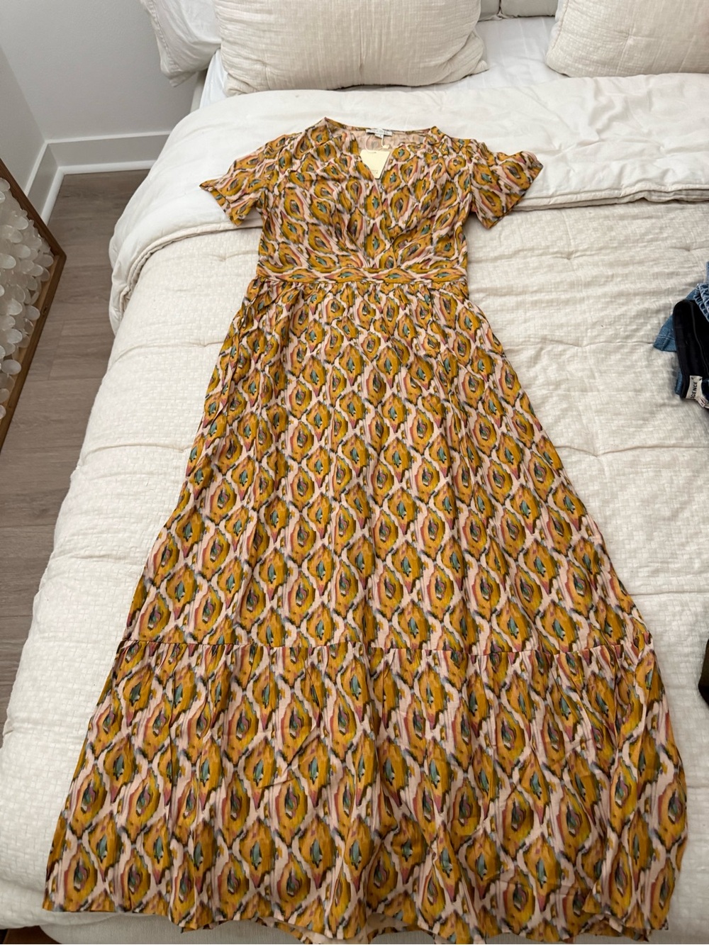 Yellow Patterned Maxi Dress with V-Neck